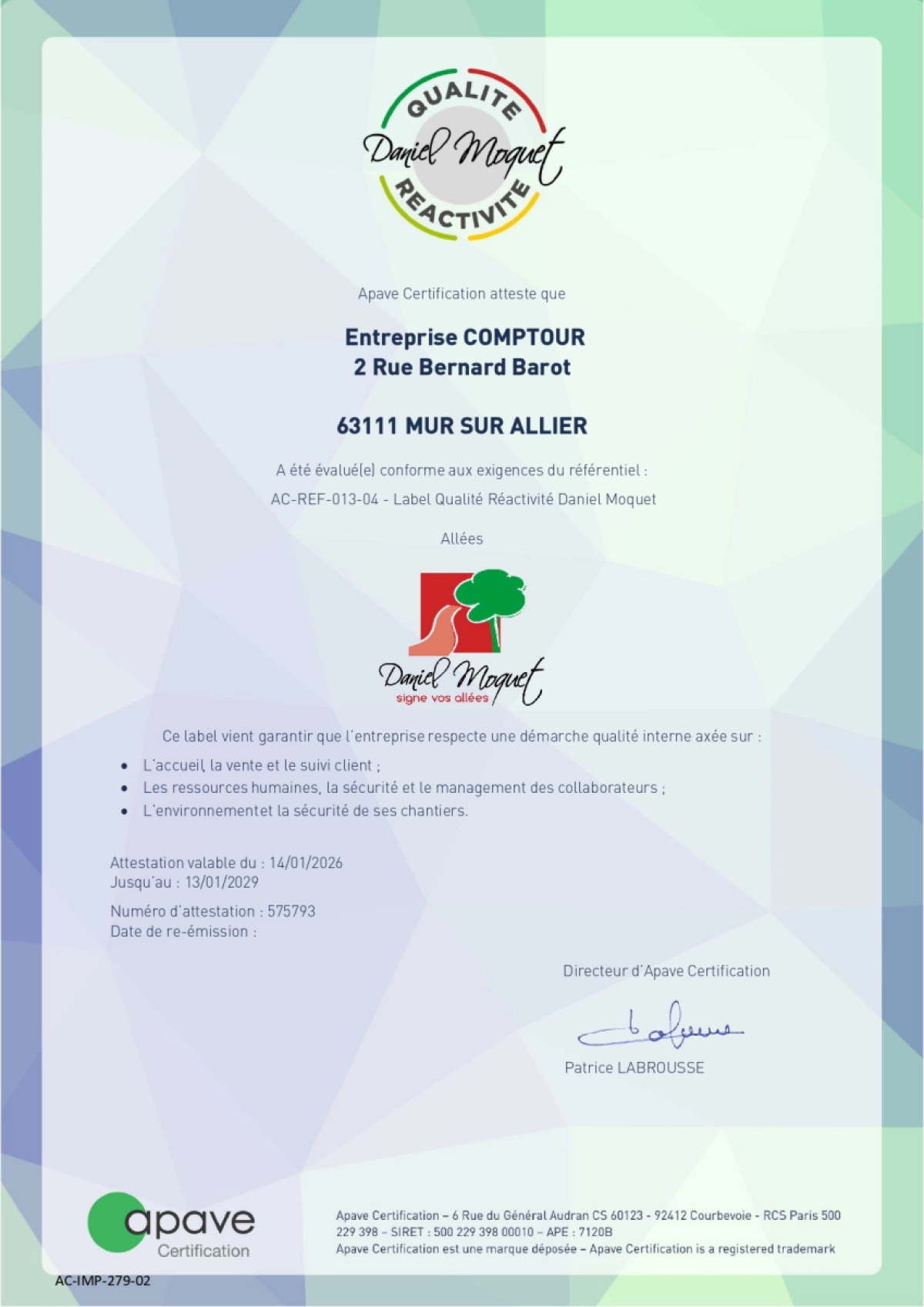 Renouvellement du label pour l'entreprise Comptour